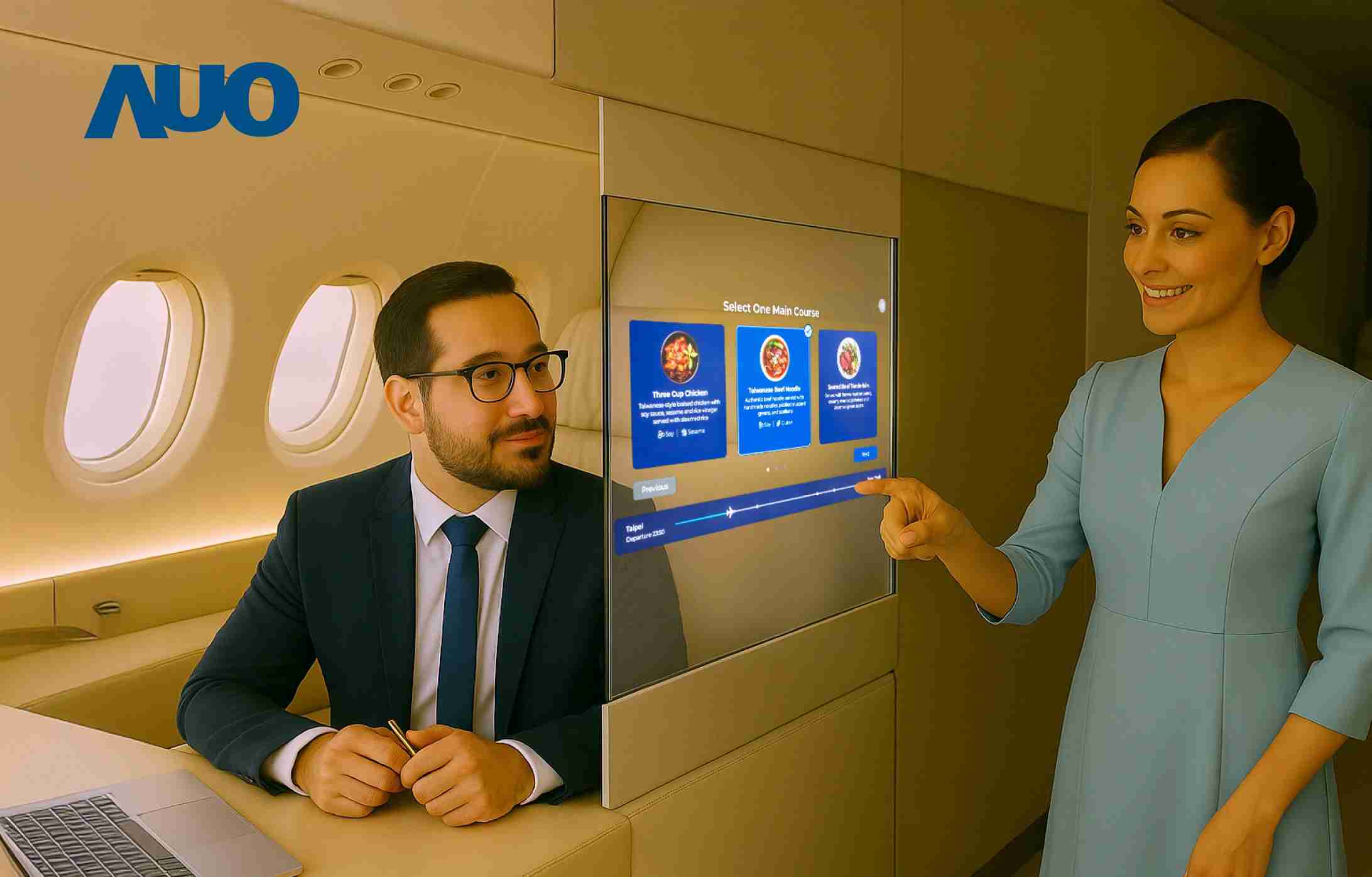 口袋牛店研发全球最薄17.3 吋双面透明 Micro LED 显示器，，，，可在同一屏幕之双边投射不同信息，，，，创造独特的”透明化”互动；图为实时翻译交流应用情境